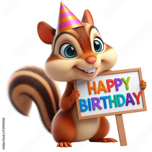 Cute Animal 3D Chipmunk Holding 'Happy Birthday' Board and Wearing Party Cap Cartoon: Isolated on Transparent Background - Clipart PNG Sticker Design	 photo