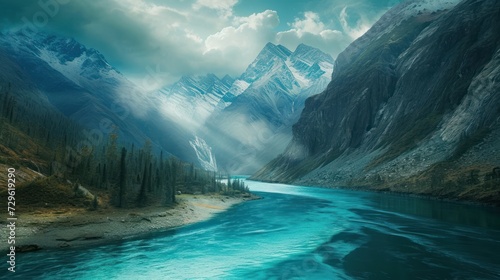  a river running through a valley with mountains in the background and clouds in the sky over the top of the mountains and below it is a body of water with blue water in the foreground.