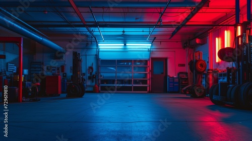 Empty garage auto shop, red and blue color grade photo