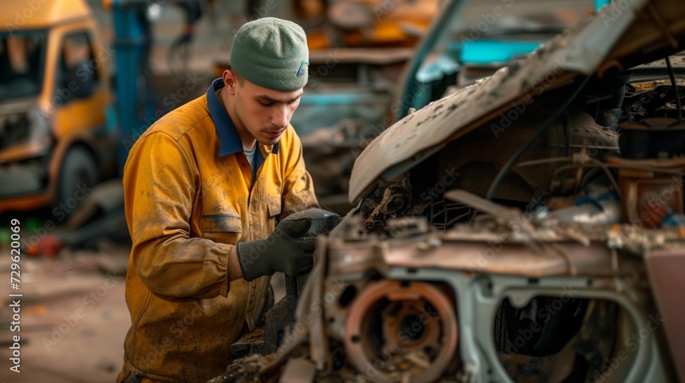 Young junk yard worker at work at a scrapyard Young junk yard worker at work at a scrapyard