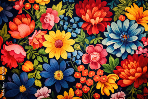 colorful floral pattern with vibrant red, yellow, and blue flowers, surrounded by green leaves