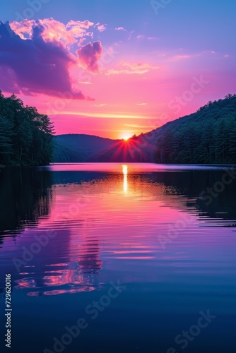 Warm oranges, pinks, and purples reflect the serene beauty of a tranquil lake at sunset