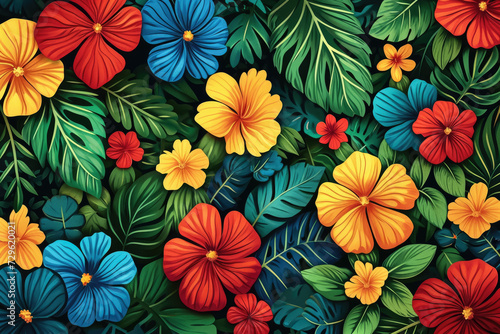 colorful floral pattern with vibrant red, yellow, and blue flowers, surrounded by green leaves © Formoney