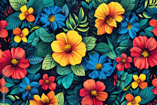 colorful floral pattern with vibrant red  yellow  and blue flowers  surrounded by green leaves