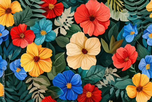 colorful floral pattern with vibrant red  yellow  and blue flowers  surrounded by green leaves