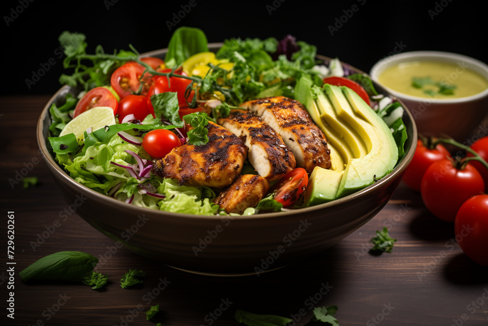 A bowl with healthy salad with grilled chicken, tomatoes, avocado and mixed greens on the wooden table. Food and health. A bowl with healthy salad with grilled chicken, tomatoes, avocado and mixed greens on the wooden table. Food and health.