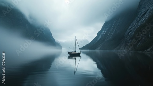  a boat floating on top of a body of water next to a mountain covered in fog and foggy clouds in the distance is a cliff face of a body of water with a boat in the foreground.