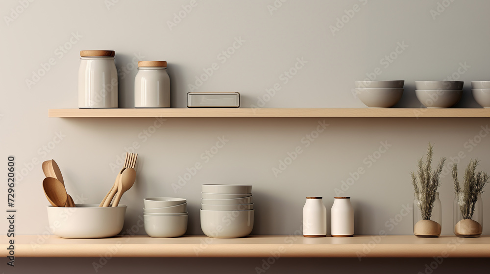 Nordic interior design of kitchen, minimalistic and bright design in brown pastel tones with gray and white bowls Nordic interior design of kitchen, minimalistic and bright design in brown pastel tones with gray and white bowls