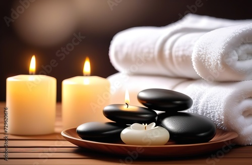 spa still life with candles, towels, stones and orchid