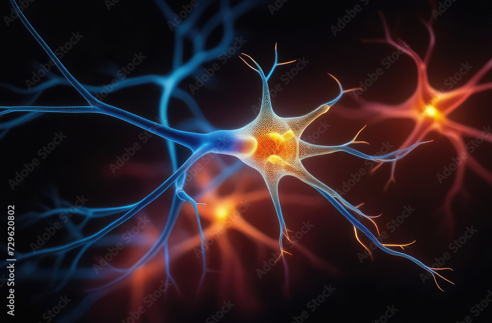 Neural network - images of neural cells. Synapse on dark background. View of interconnected neuron cells with electrical impulses. Structure of nerve cell. Neurons, neurosurgery, psychology, medicine Neural network - images of neural cells. Synapse on dark background. View of interconnected neuron cells with electrical impulses. Structure of nerve cell. Neurons, neurosurgery, psychology, medicine