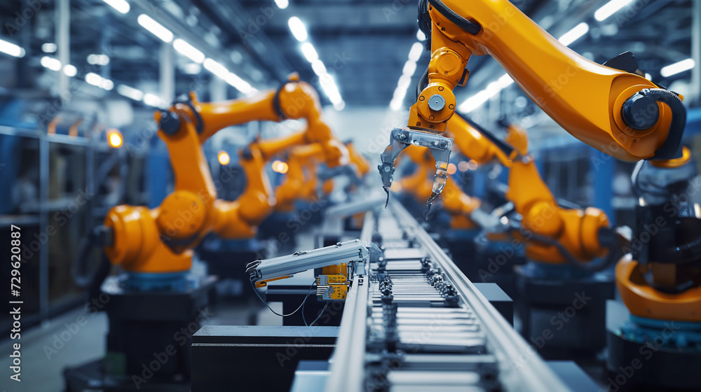 Streamlined Efficiency: Advanced Robotic Arms Assembling Products on Manufacturing Conveyor Belt in Modern Factory