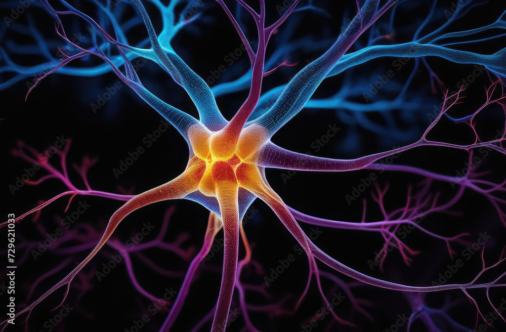 Neural network - images of neural cells. Synapse on dark background. View of interconnected neuron cells with electrical impulses. Structure of nerve cell. Neurons, neurosurgery, psychology, medicine Neural network - images of neural cells. Synapse on dark background. View of interconnected neuron cells with electrical impulses. Structure of nerve cell. Neurons, neurosurgery, psychology, medicine