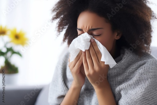 sick woman struggling with runny nose due to flu or allergies photo