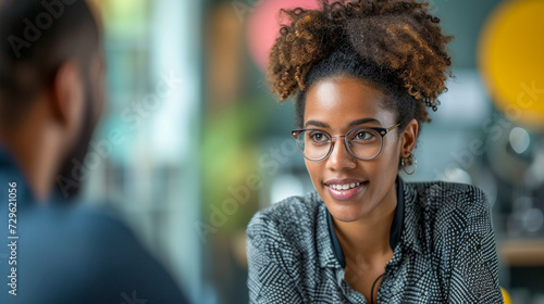 A manager providing feedback and coaching to a team member in a one-on-one meeting. Portrait of a black woman in the office working. photo