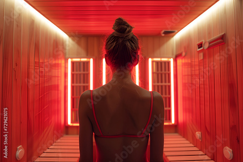 Silhouette of a woman with her back in a towel in a sauna, Infrared sauna and spa concept.
