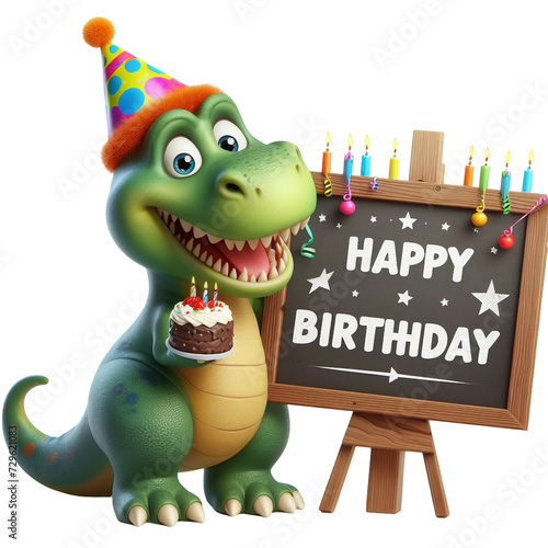 Cute Animal 3D Dinosaur Holding 'Happy Birthday' Board and Wearing Party Cap Cartoon: Isolated on Transparent Background - Clipart PNG Sticker Design	 photo