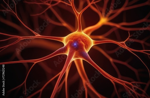 Neural network - images of neural cells. Synapse on dark background. View of interconnected neuron cells with electrical impulses. Structure of nerve cell. Neurons, neurosurgery, psychology, medicine photo