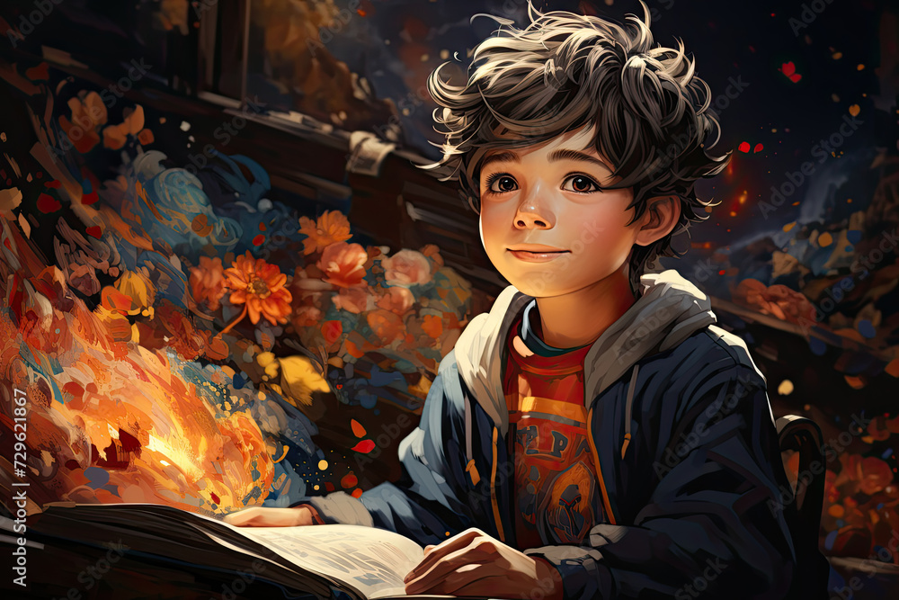 Young boy, engrossed in book, sits at desk in room filled with sense of wonder and exploration.