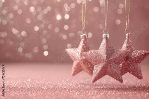 Birthday Background Pastel Peach Colours delicate powder pink Glitter Stars hang with soft caramel brown copy space 