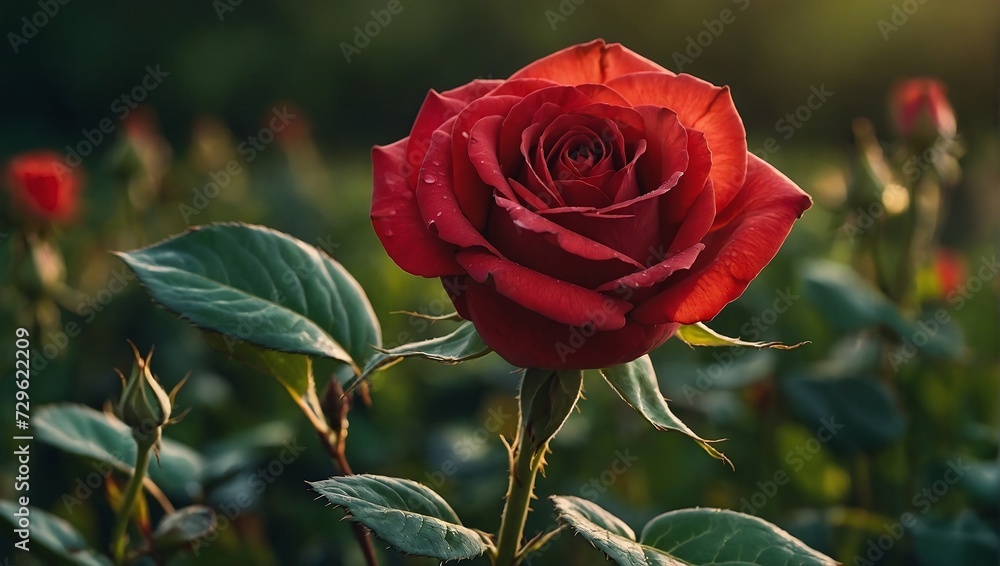 a red rose in the foreground surrounded by green leaves