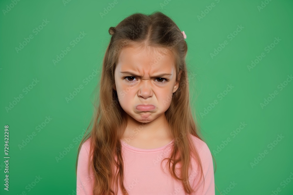 Young Girl Making a Disgusted Face on a Solid Green Background. Generative AI. Young Girl Making a Disgusted Face on a Solid Green Background. Generative AI.