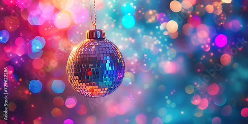 a disco ball hangs above a colorful backdrop in