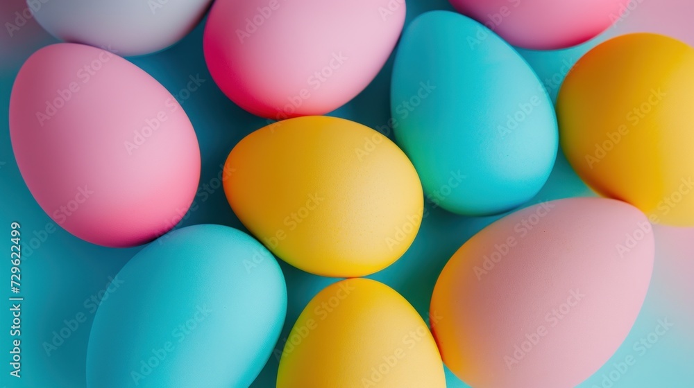 a group of pastel colored eggs sitting on top of a blue and pink tablecloth on a blue and pink tablecloth with a yellow center piece of the eggs in the middle of the middle. a group of pastel colored eggs sitting on top of a blue and pink tablecloth on a blue and pink tablecloth with a yellow center piece of the eggs in the middle of the middle.