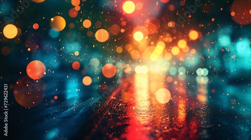 Glistening raindrops dance on the asphalt under a constellation of warm bokeh lights.