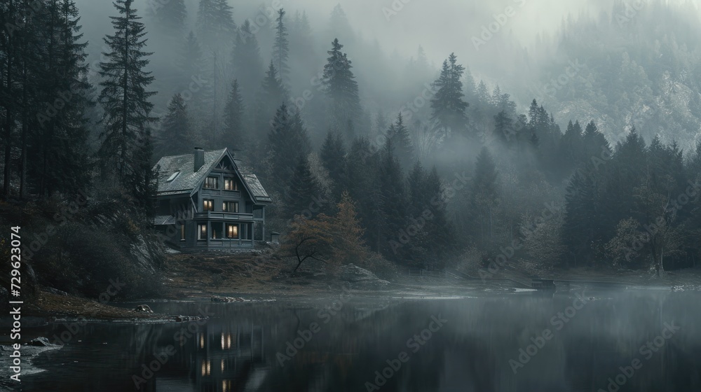  a house in the middle of a forest on a foggy day with a lake in front of it and trees on the other side of the lake and foggy bank. - obrazy, fototapety, plakaty 