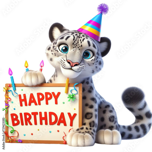 Cute Animal 3D Snow Leopard Holding 'Happy Birthday' Board and Wearing Party Cap Cartoon: Isolated on Transparent Background - Clipart PNG Sticker Design
 photo