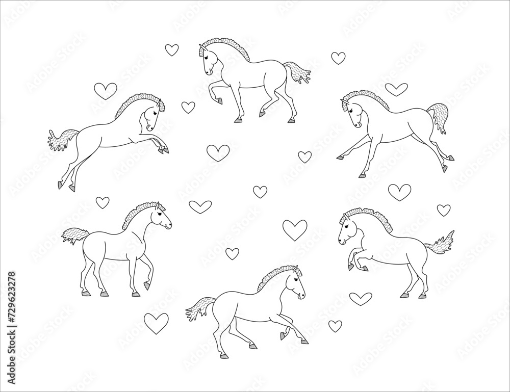 Set of cute cartoon horses with hearts