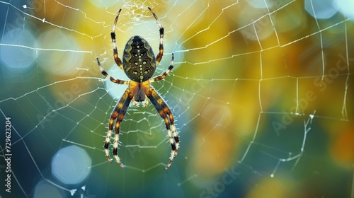 a close up of a spider on it's web in the center of a spider's web, with a blurry background of yellow and green leaves.