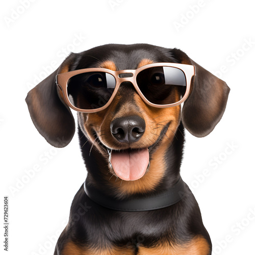 Close up of a beautiful Dachshund (Teckel) with sunglasses, happy and ready for the summer beach, Isolated on Transparent Background, PNG © Giu Studios