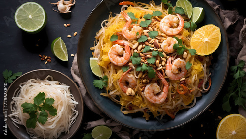Spaghetti Squash Pad Thai with Shrimp, Peanuts, and Bean Sprouts, Top-Down View of Hands.