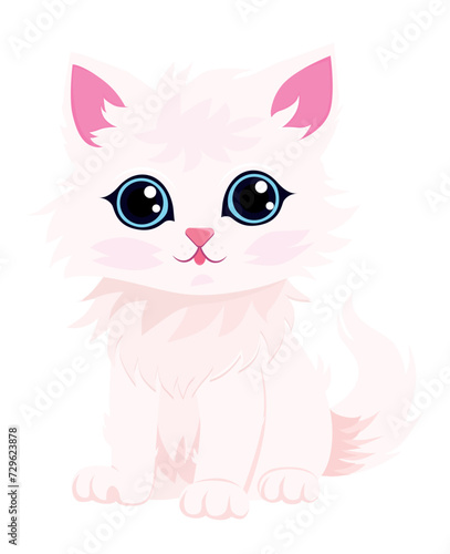 ute fluffy white kitten. Little kitten character for children's publications on a transparent background. Vector illustration.