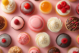 Sweet tasty background of different cakes on a pink table. Top view.