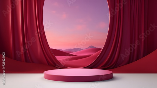 3d rendering podium set for product display/red theme AI generative