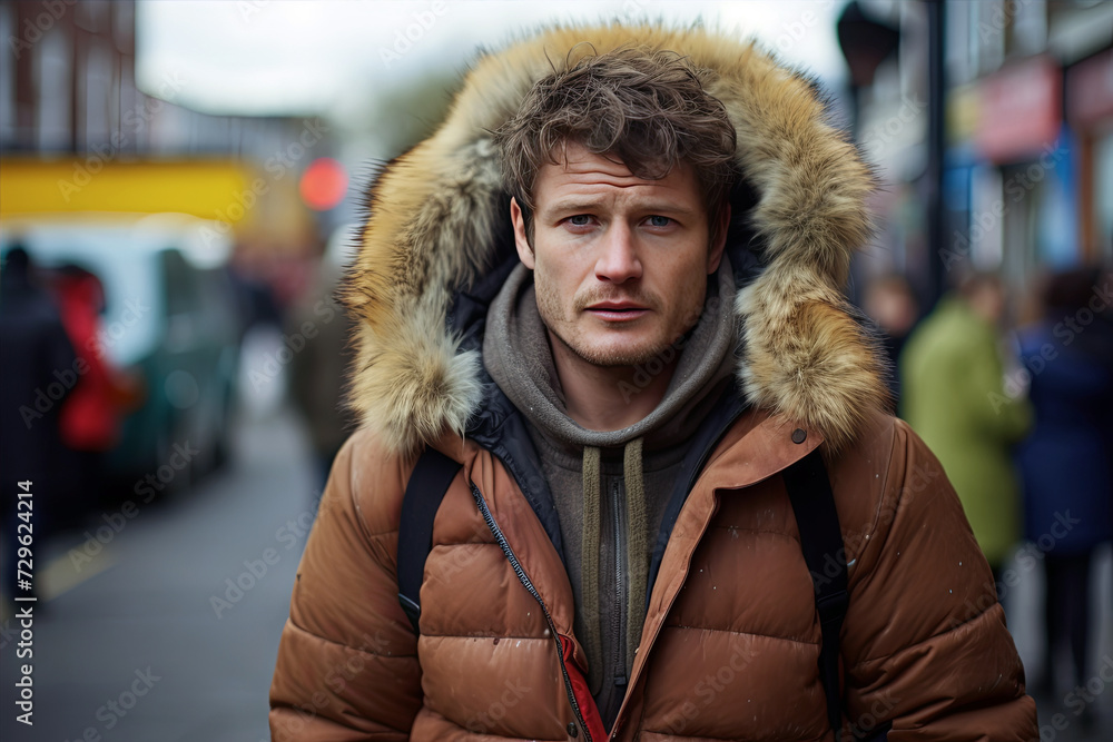 young man standing in the street in warm clothes. He looks at the camera young man standing in the street in warm clothes. He looks at the camera