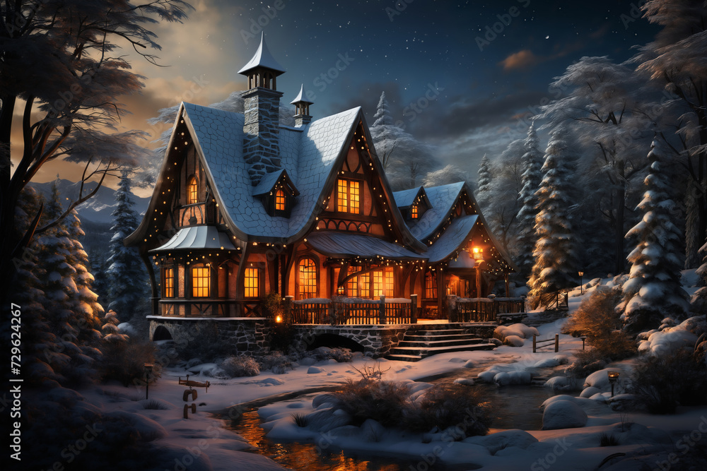 Fototapeta premium village street in winter season decorated for Christmas or New Year holiday, beautiful view of exteriors of houses , snow, sunset, street lights, festive environment
