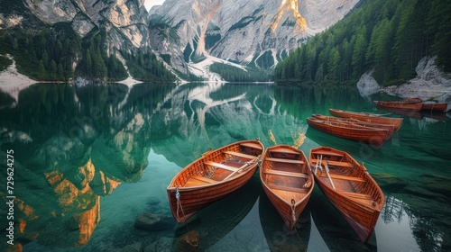  a group of boats floating on top of a lake next to a lush green forest covered forest covered mountain side under a sky filled with clouds and a blue sky.