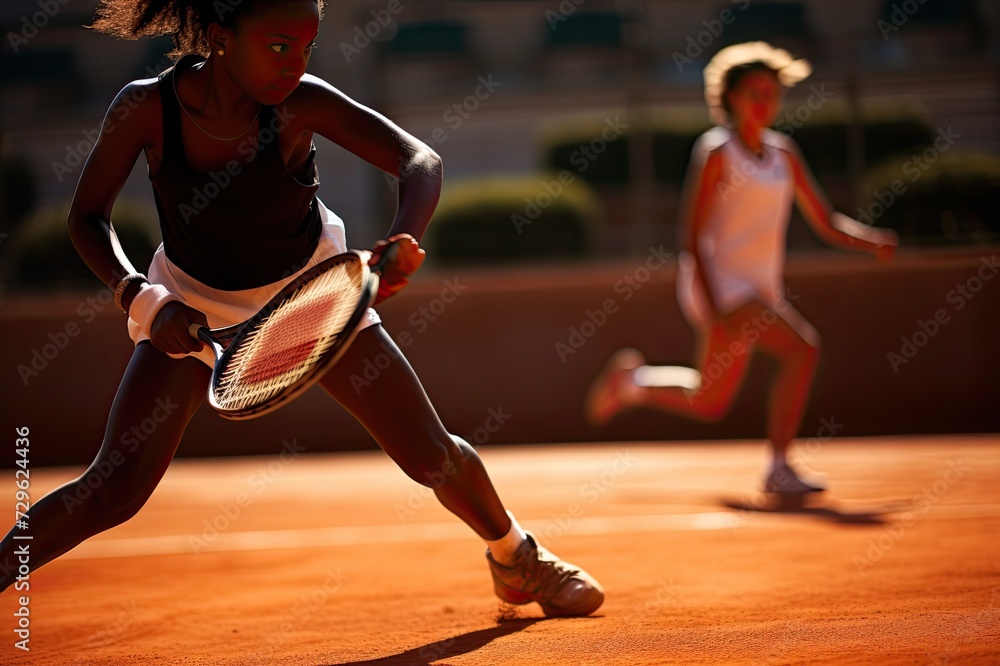 Fototapeta premium Intense junior tennis match on a clay court during a sunny day.