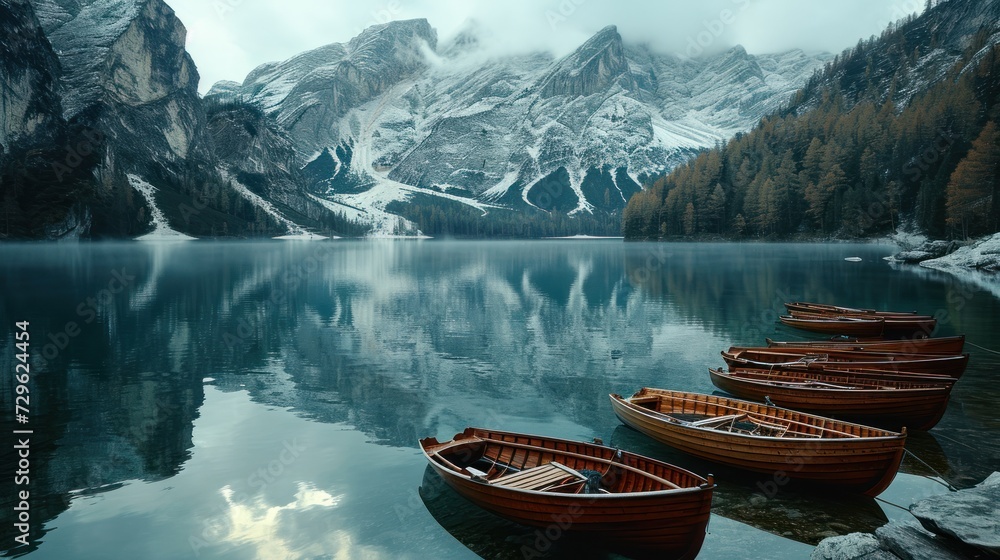  a group of boats sitting on top of a lake next to a mountain covered in snow covered mountains in the distance is a body of water with a mountain range in the background.