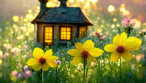 wooden fairy house with flowers in magical meadow