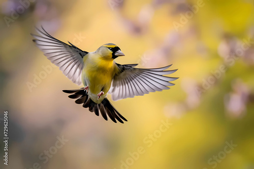 In a fleeting moment of grace, an American Goldfinch takes to the skies, its vibrant plumage ablaze against the backdrop of endless azure, embodying the essence of freedom and untamed beauty © Russell