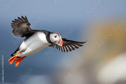 Gracefully navigating the crisp ocean breeze, an Atlantic Puffin soars through the azure skies with wings outstretched, embodying the untamed spirit of the vast maritime expanse © Russell
