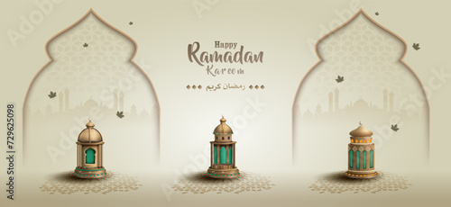 islamic greetings ramadan kareem card design template background with three lanterns