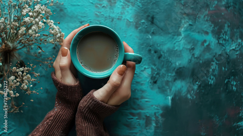  a woman's hands holding a cup of coffee on a blue background with a bunch of baby's breath flowers on the side of the cup and a teal.