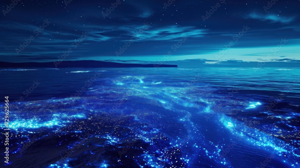  a view of a body of water at night with a lot of lights on the water and a lot of stars in the sky above the water and in the water.