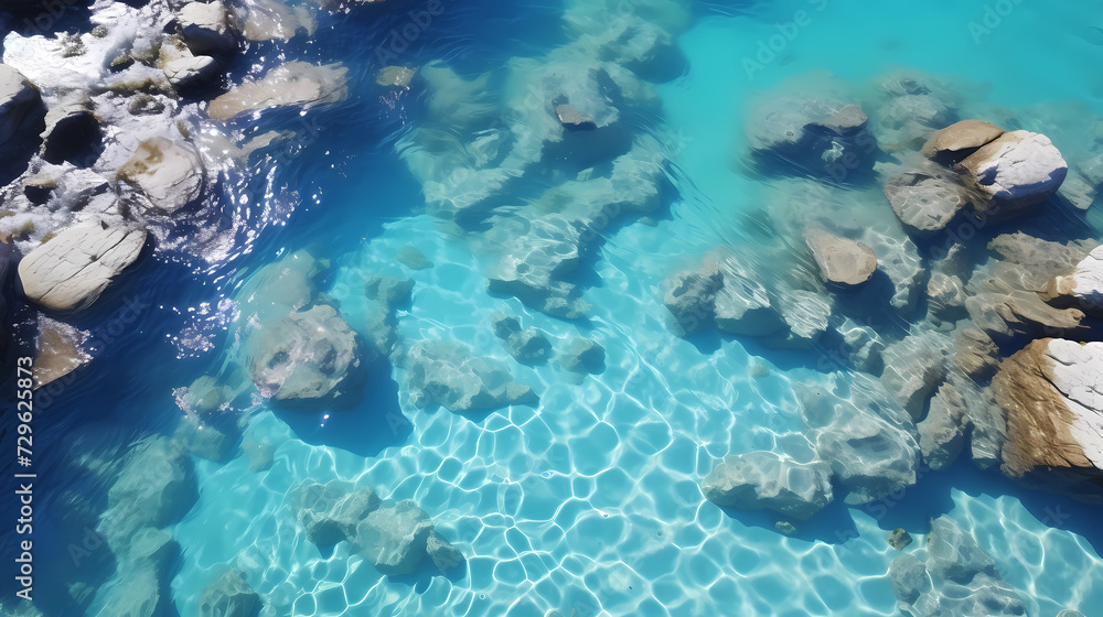Obraz premium Sandy beach with light blue transparent water waves and sunlight, tranquil aerial beach scene