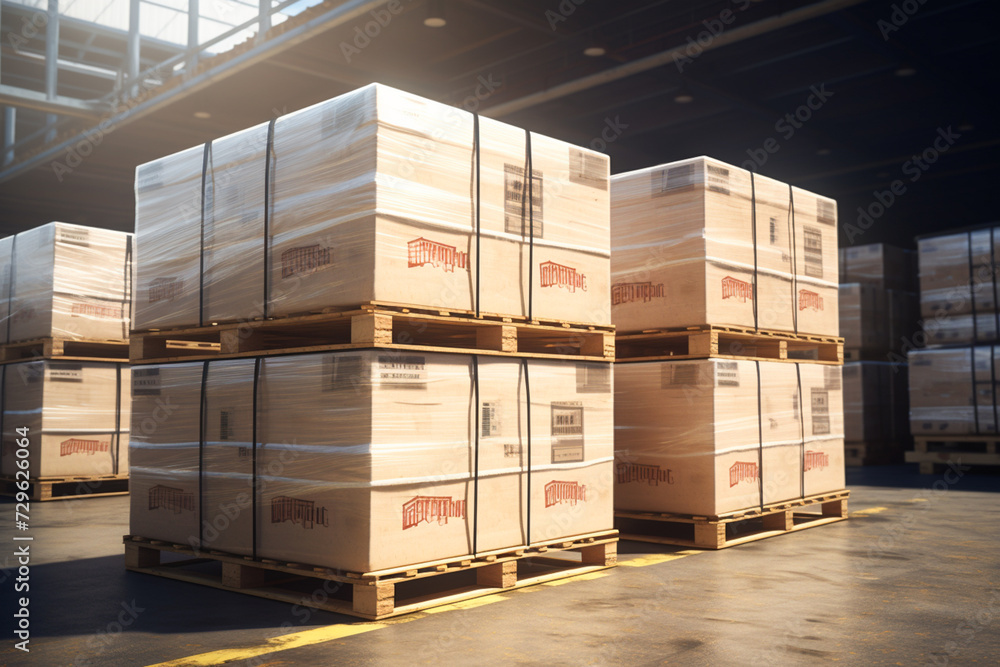 Package boxes stacked on pallets, cargo and cargo transportation. Cardboard box, cardbox, shipping and storage Package boxes stacked on pallets, cargo and cargo transportation. Cardboard box, cardbox, shipping and storage